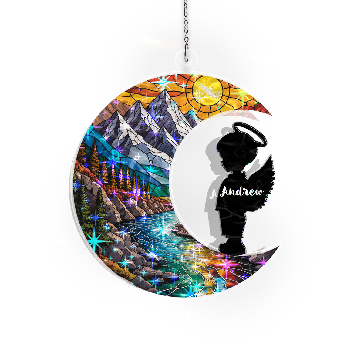 Personalized Baby Memorial Ornament – Stained Glass Moon with Angel Silhouette (Boy & Girl)