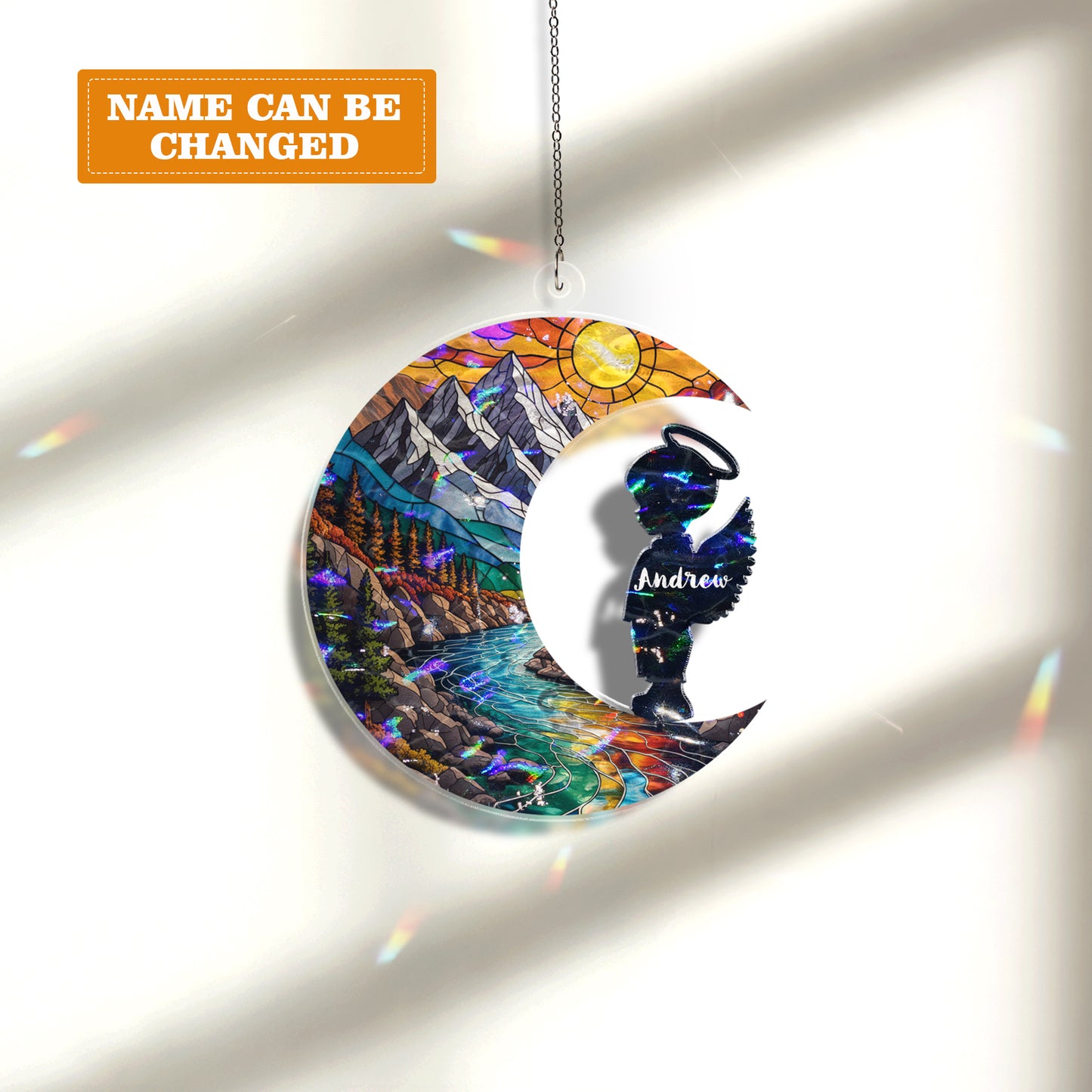 Personalized Baby Memorial Ornament – Stained Glass Moon with Angel Silhouette (Boy & Girl)