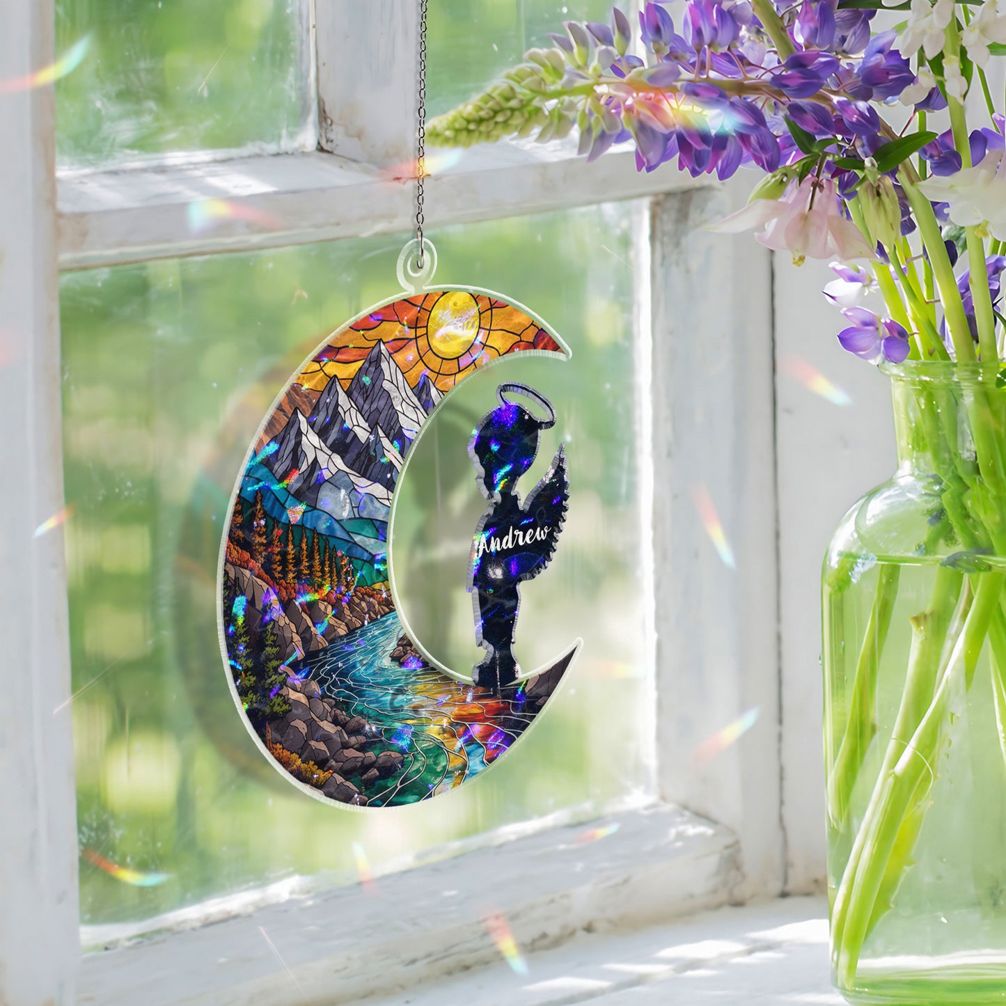 Personalized Baby Memorial Ornament – Stained Glass Moon with Angel Silhouette (Boy & Girl)