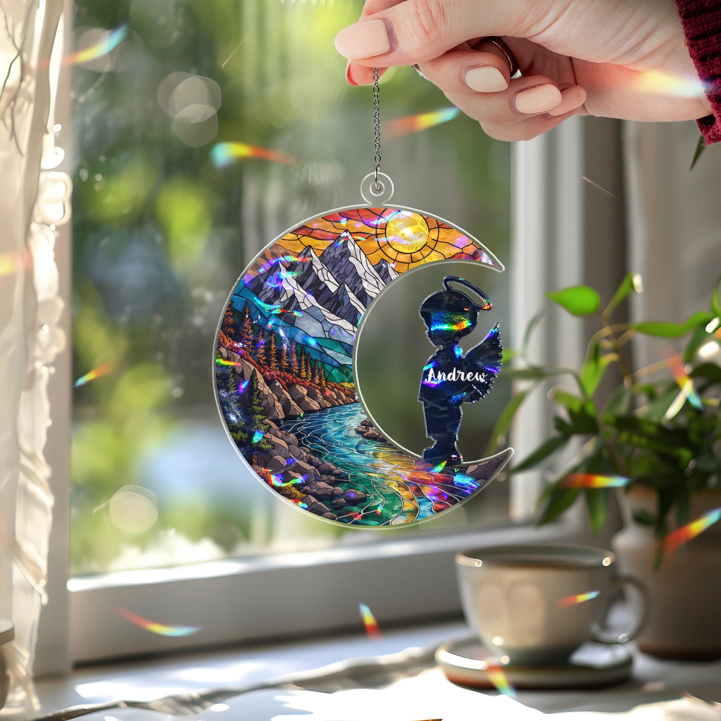 Personalized Baby Memorial Ornament – Stained Glass Moon with Angel Silhouette (Boy & Girl)