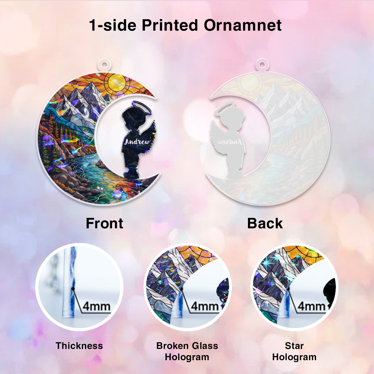 Personalized Baby Memorial Ornament – Stained Glass Moon with Angel Silhouette (Boy & Girl)