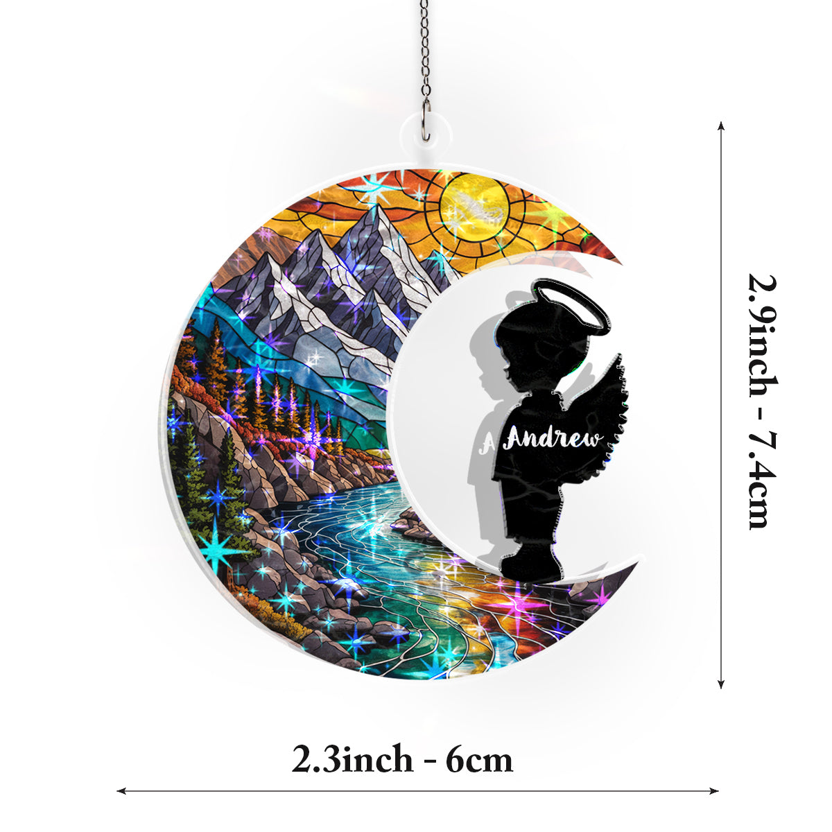 Personalized Baby Memorial Ornament – Stained Glass Moon with Angel Silhouette (Boy & Girl)