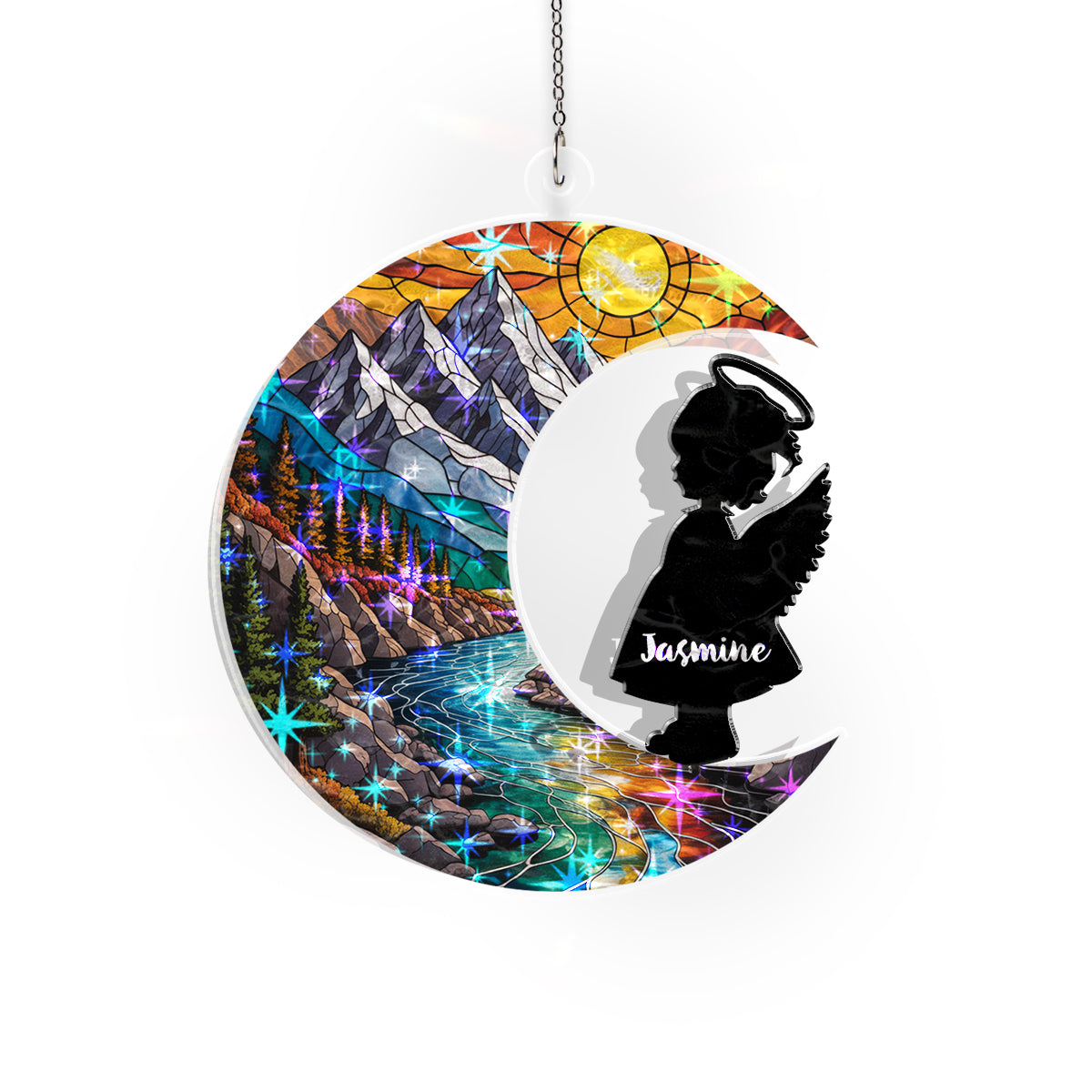 Personalized Baby Memorial Ornament – Stained Glass Moon with Angel Silhouette (Boy & Girl)