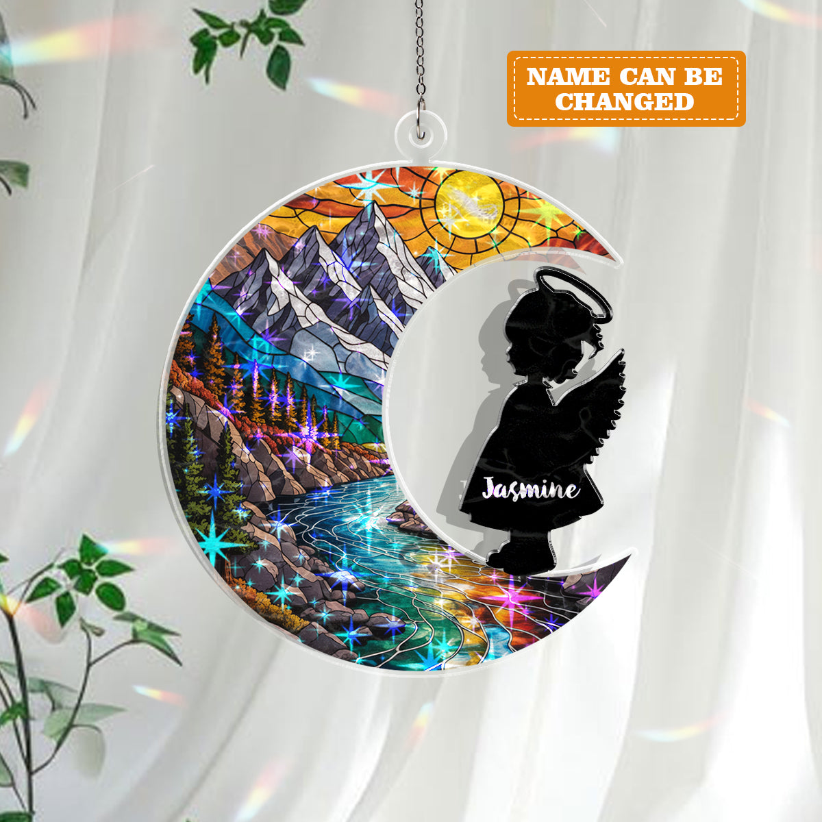 Personalized Baby Memorial Ornament – Stained Glass Moon with Angel Silhouette (Boy & Girl)