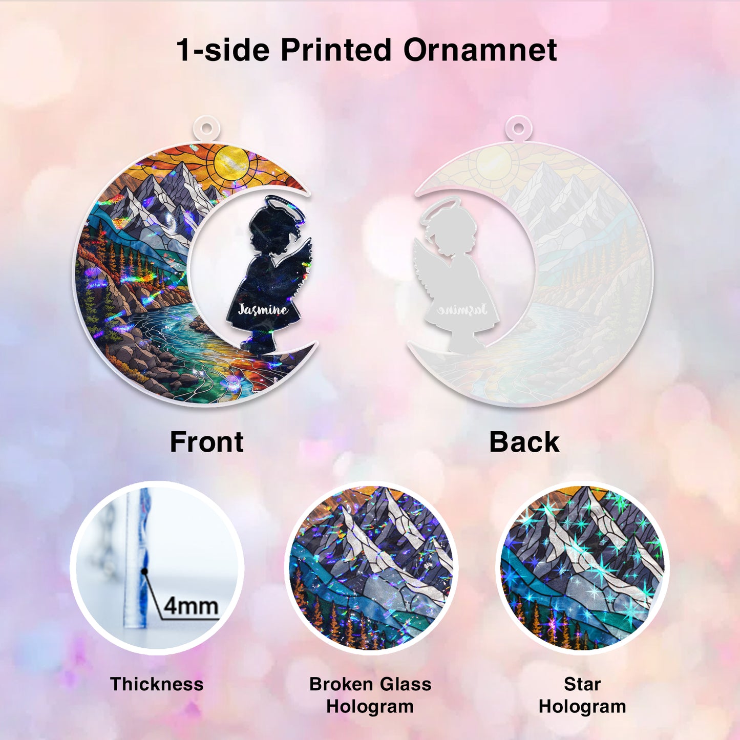 Personalized Baby Memorial Ornament – Stained Glass Moon with Angel Silhouette (Boy & Girl)