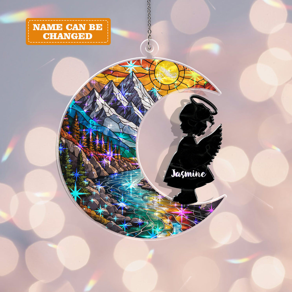 Personalized Baby Memorial Ornament – Stained Glass Moon with Angel Silhouette (Boy & Girl)