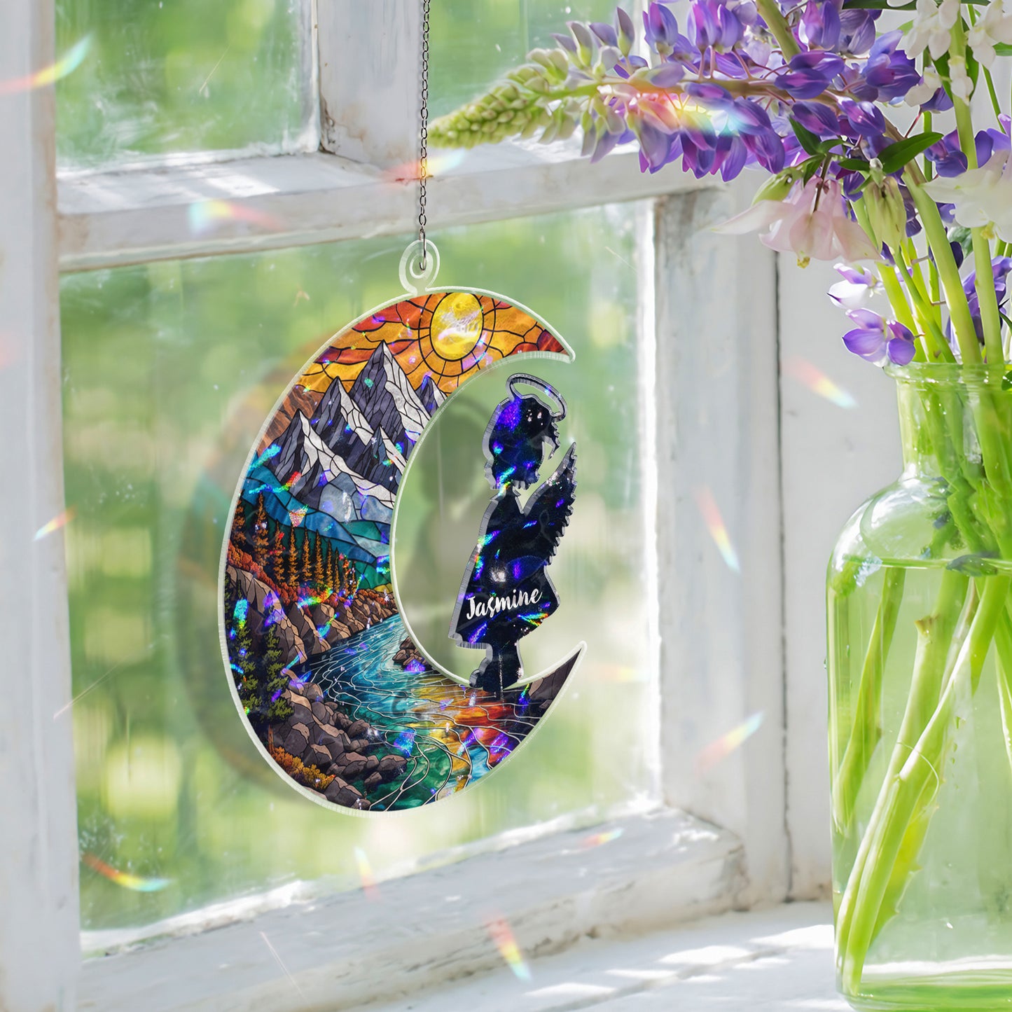 Personalized Baby Memorial Ornament – Stained Glass Moon with Angel Silhouette (Boy & Girl)