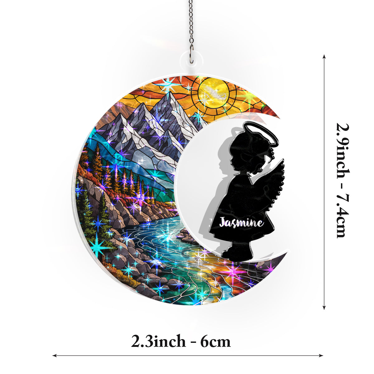 Personalized Baby Memorial Ornament – Stained Glass Moon with Angel Silhouette (Boy & Girl)