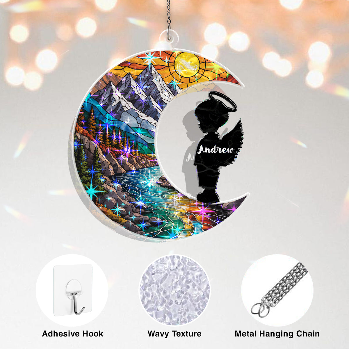 Personalized Baby Memorial Ornament – Stained Glass Moon with Angel Silhouette (Boy & Girl)