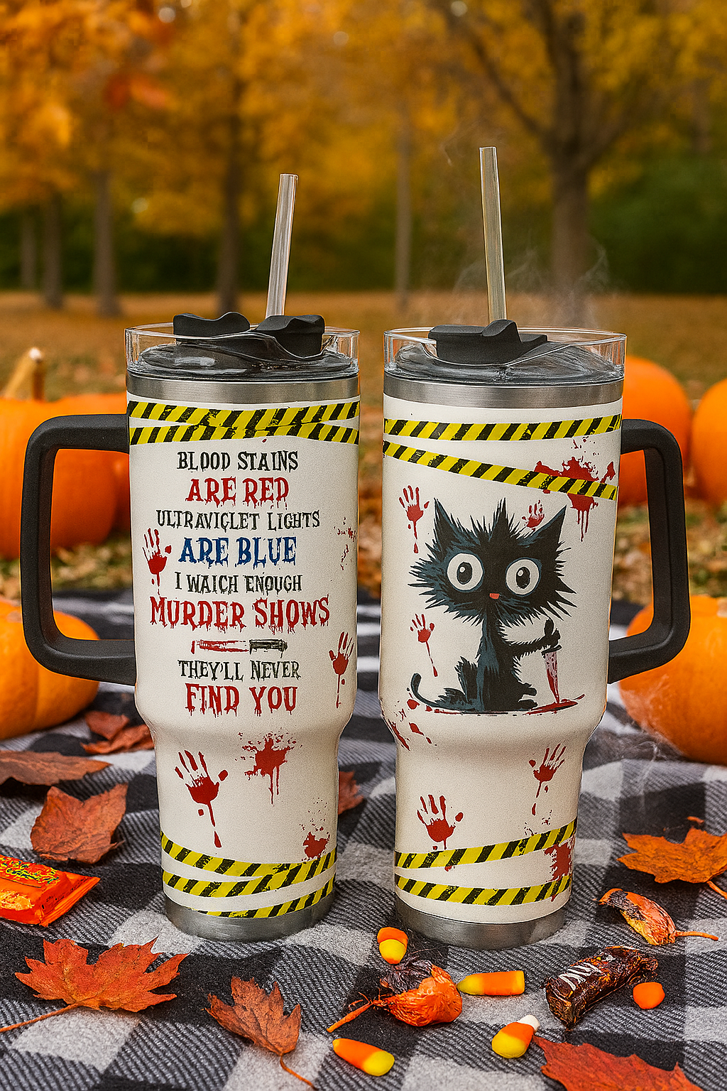Spooky Murder Shows Cat Tumbler – 20oz Stainless Steel Travel Mug