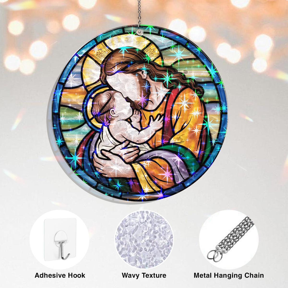 Jesus Holding Baby Stained Glass Ornament – Inspirational Christian Window Hanging Gift