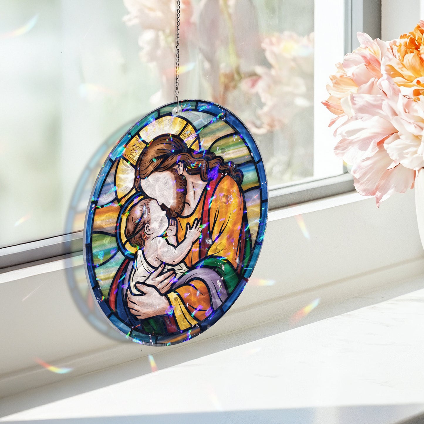 Jesus Holding Baby Stained Glass Ornament – Inspirational Christian Window Hanging Gift