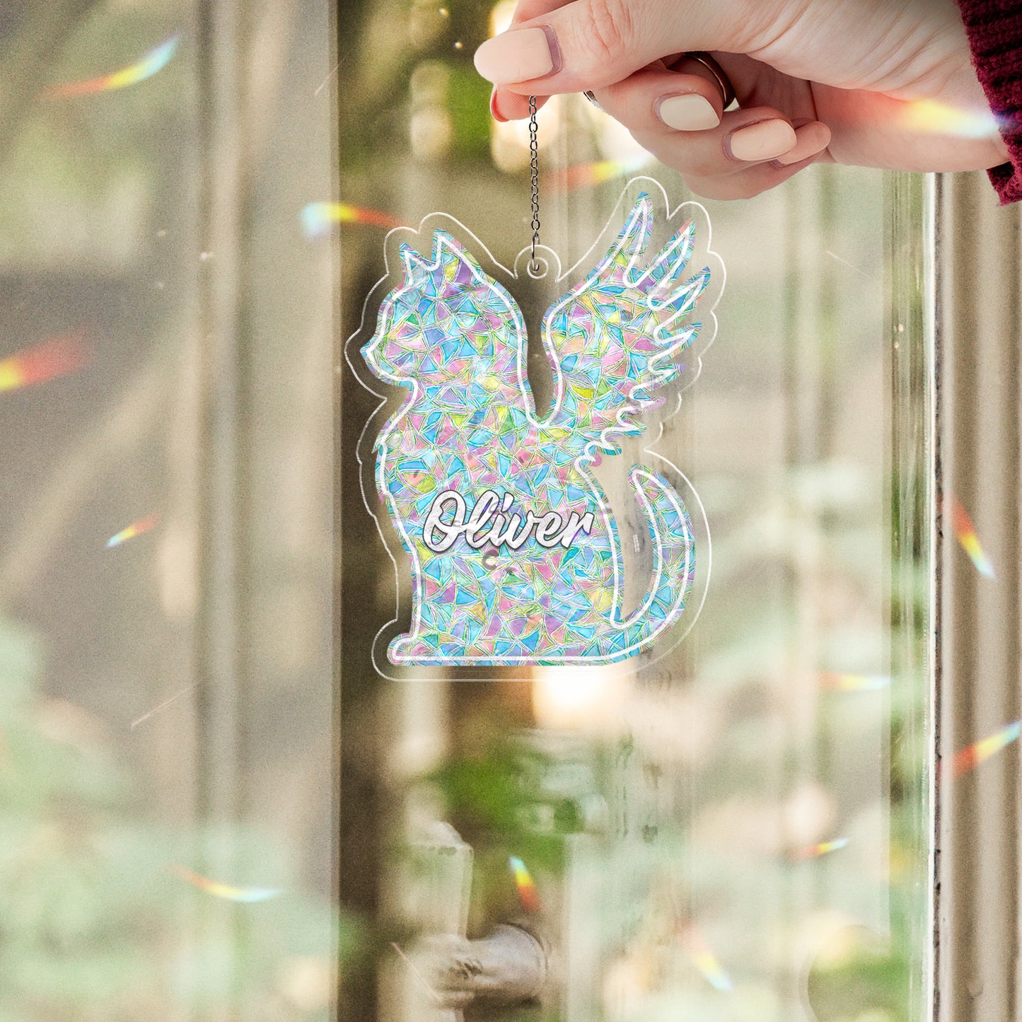 Personalized Memorial Cat Ornament – Angel Wing Holographic Suncatcher