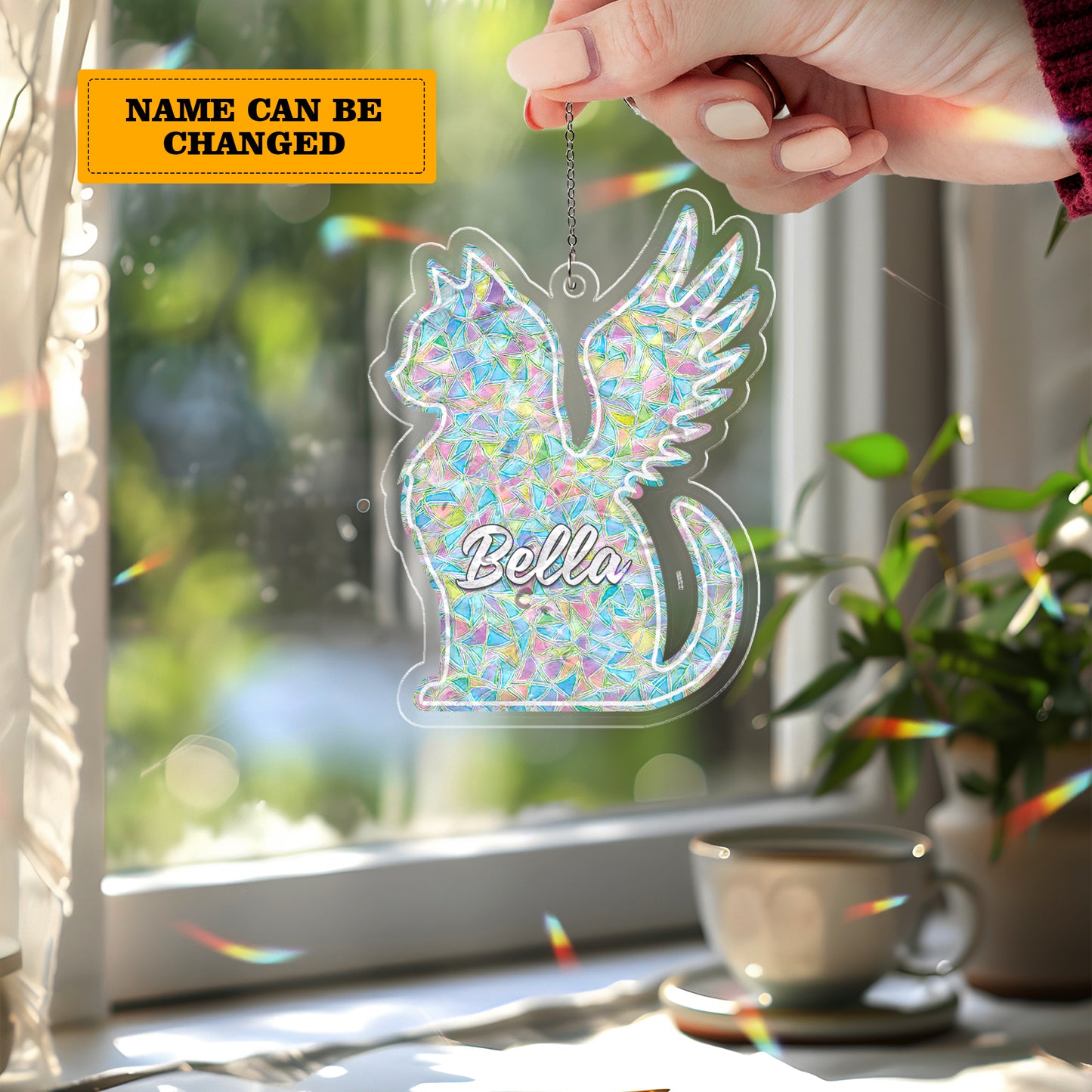 Personalized Memorial Cat Ornament – Angel Wing Holographic Suncatcher