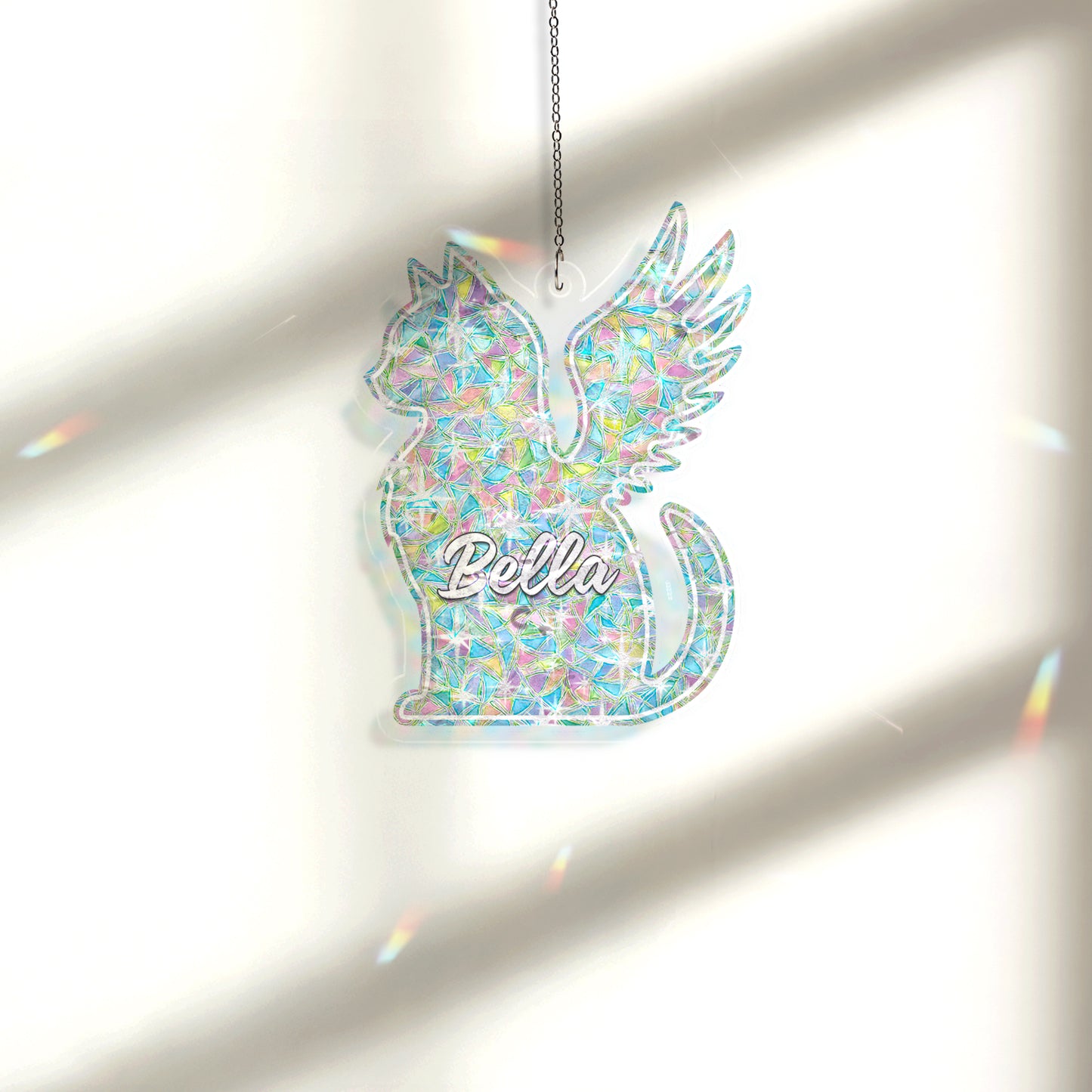 Personalized Memorial Cat Ornament – Angel Wing Holographic Suncatcher