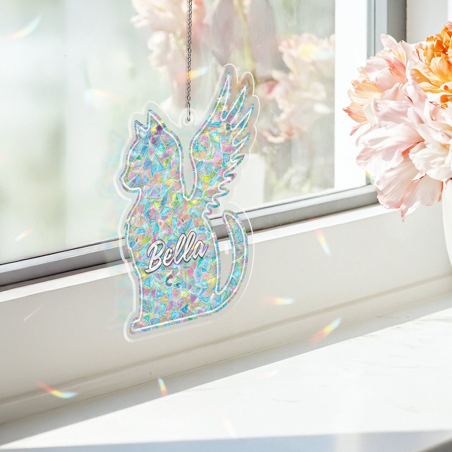 Personalized Memorial Cat Ornament – Angel Wing Holographic Suncatcher