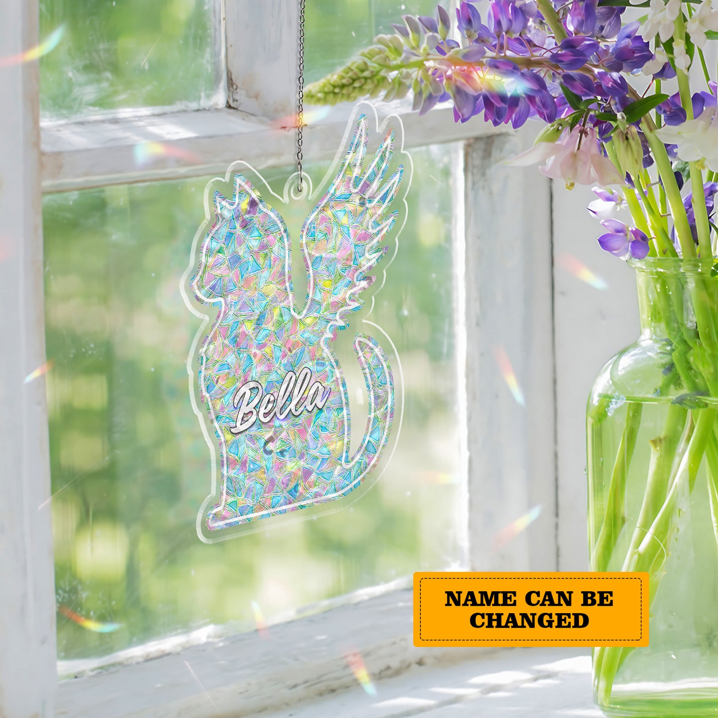 Personalized Memorial Cat Ornament – Angel Wing Holographic Suncatcher