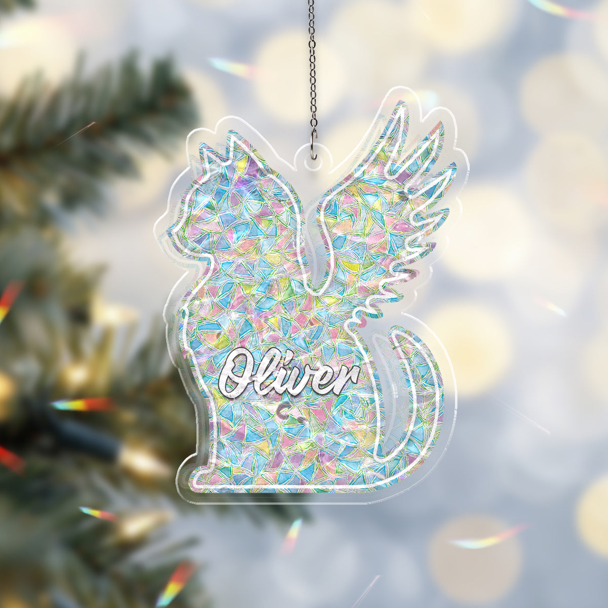 Personalized Memorial Cat Ornament – Angel Wing Holographic Suncatcher