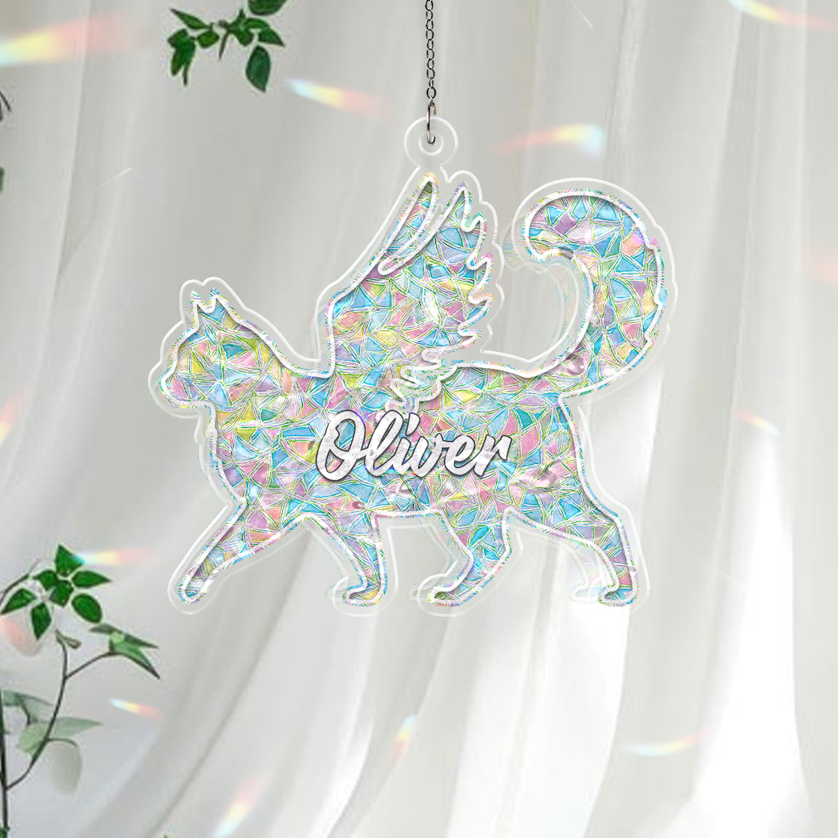 Personalized Memorial Cat Ornament – Angel Wing Holographic Suncatcher