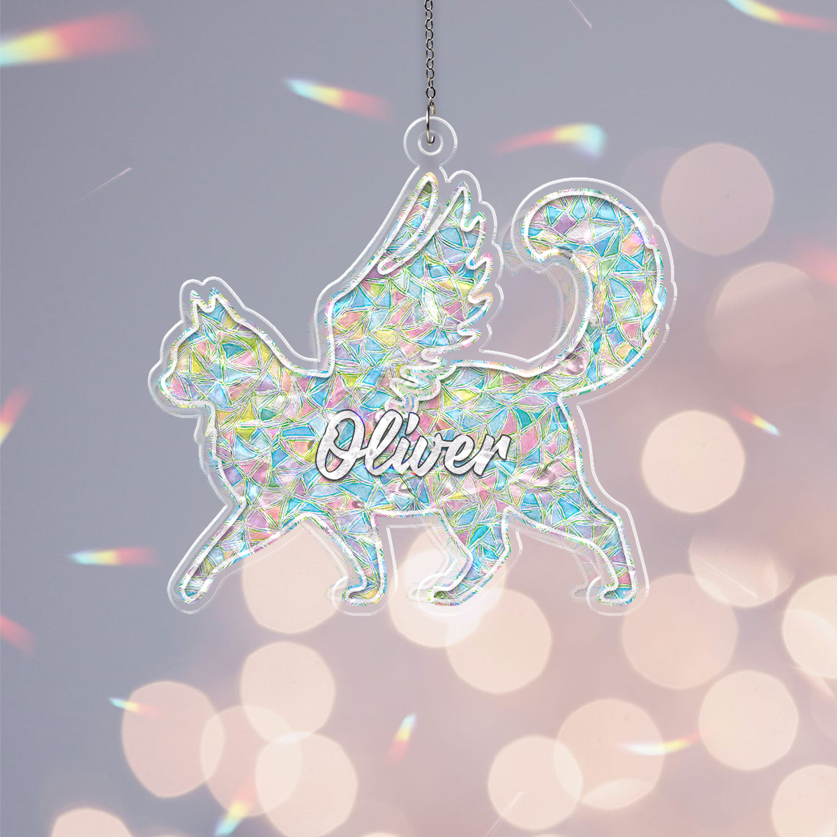 Personalized Memorial Cat Ornament – Angel Wing Holographic Suncatcher
