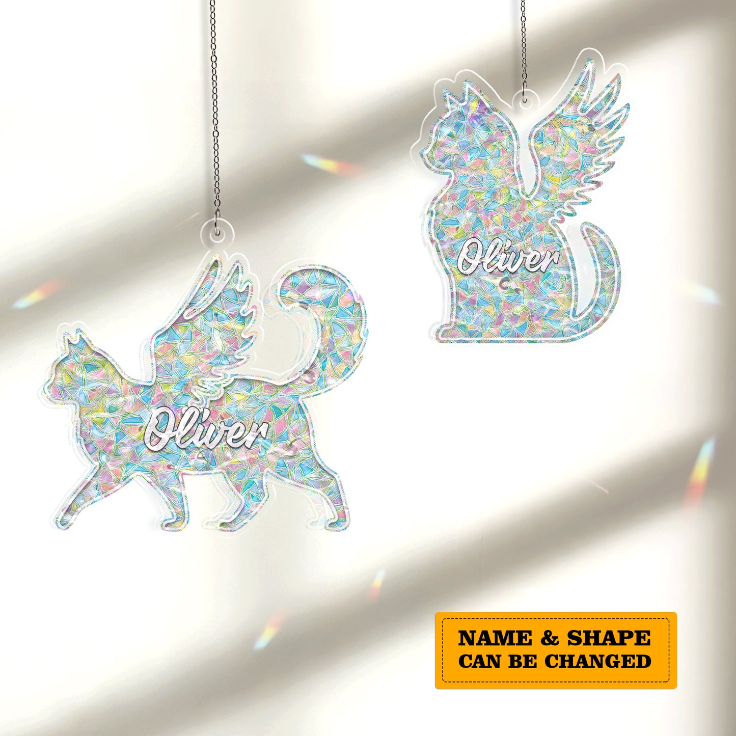 Personalized Memorial Cat Ornament – Angel Wing Holographic Suncatcher