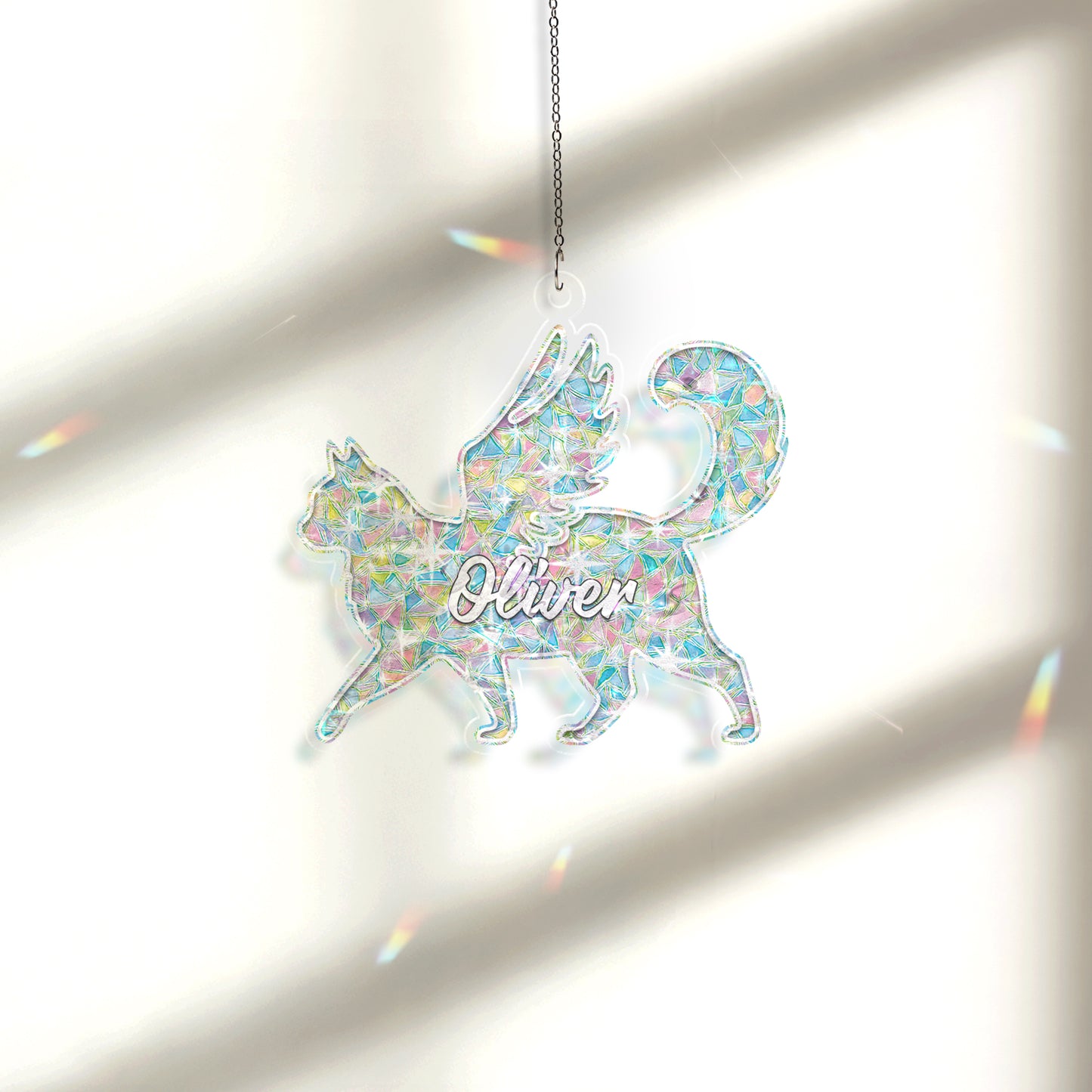Personalized Memorial Cat Ornament – Angel Wing Holographic Suncatcher