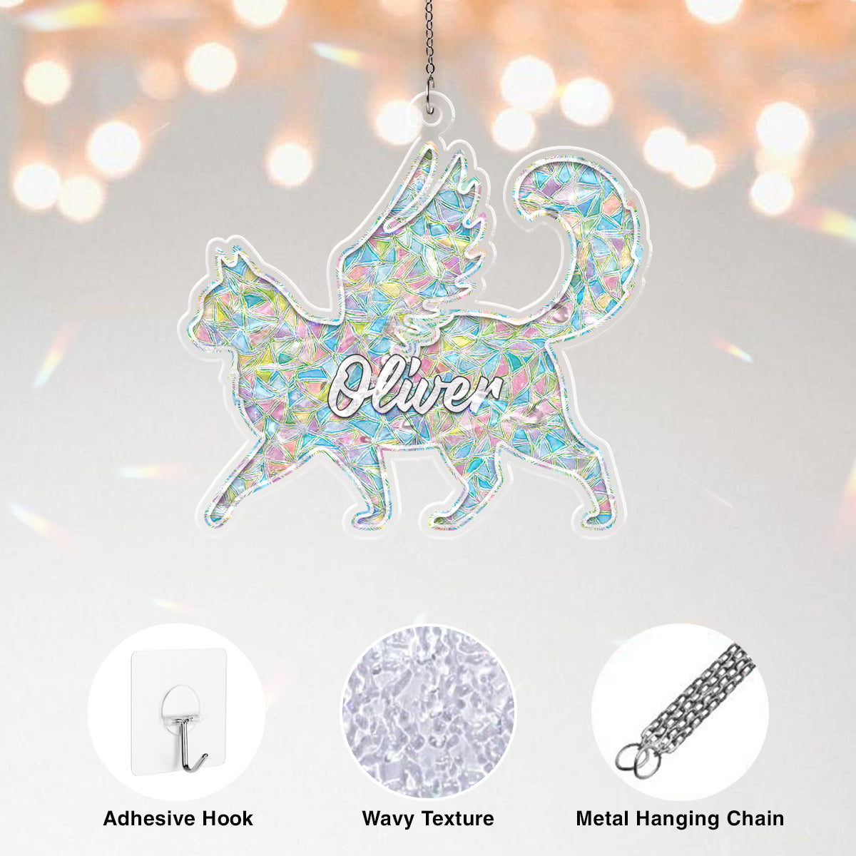 Personalized Memorial Cat Ornament – Angel Wing Holographic Suncatcher