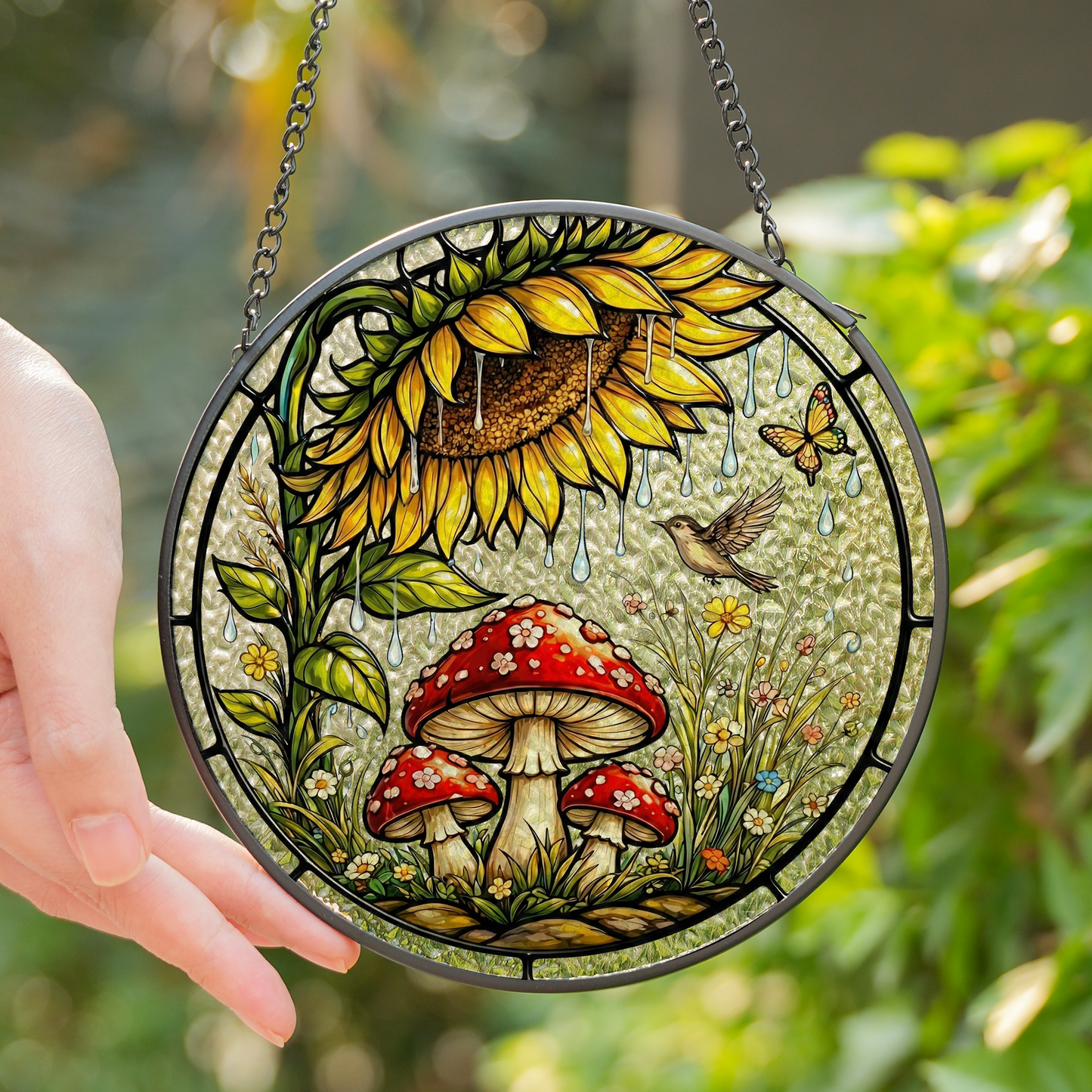 Sunflower & Mushroom Stained Glass Window Hanging