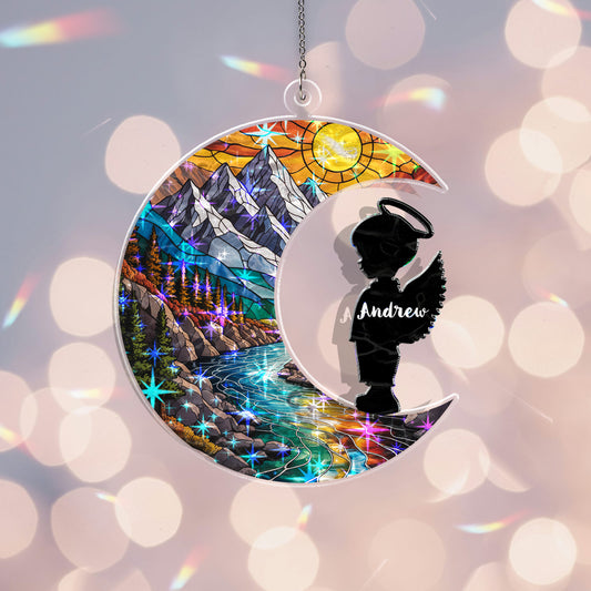 Personalized Baby Memorial Ornament – Stained Glass Moon with Angel Silhouette (Boy & Girl)