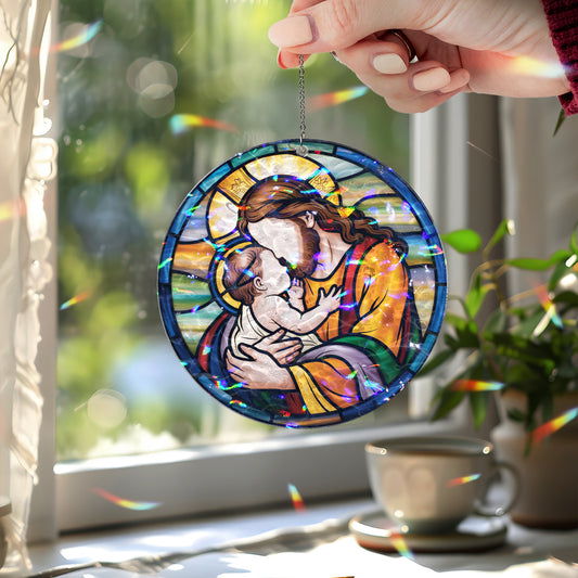 Jesus Holding Baby Stained Glass Ornament – Inspirational Christian Window Hanging Gift