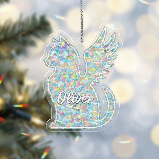 Personalized Memorial Cat Ornament – Angel Wing Holographic Suncatcher