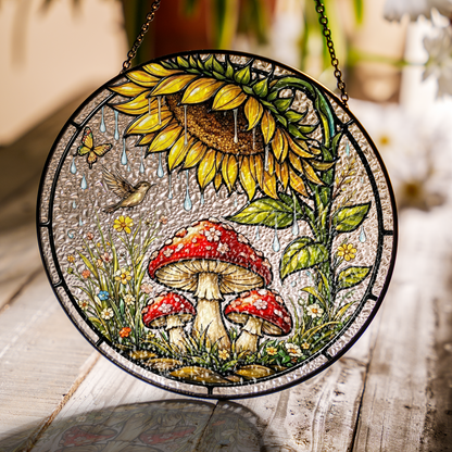 Sunflower & Mushroom Stained Glass Window Hanging
