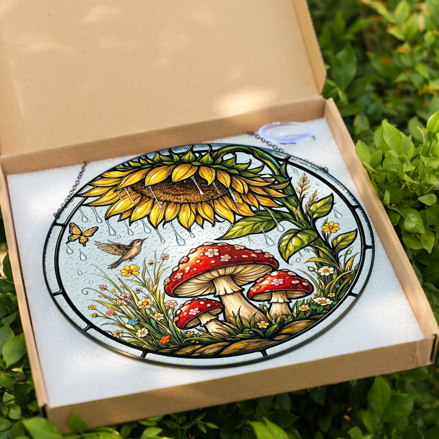 Sunflower & Mushroom Stained Glass Window Hanging