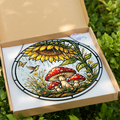 Sunflower & Mushroom Stained Glass Window Hanging