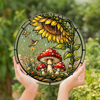 Sunflower & Mushroom Stained Glass Window Hanging