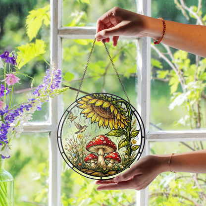 Sunflower & Mushroom Stained Glass Window Hanging
