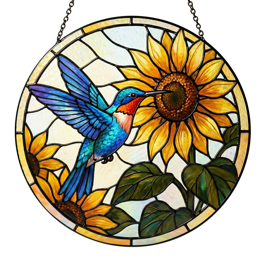Sunflower & Hummingbird Vibrant Stained Glass Window Hanging