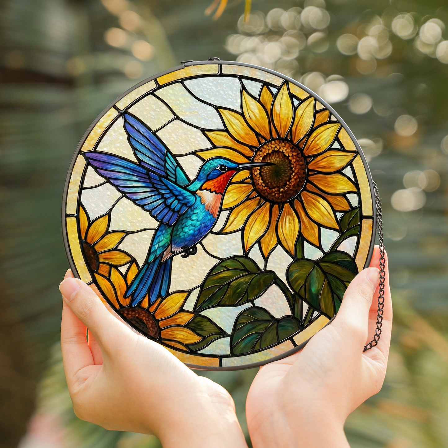 Sunflower & Hummingbird Vibrant Stained Glass Window Hanging