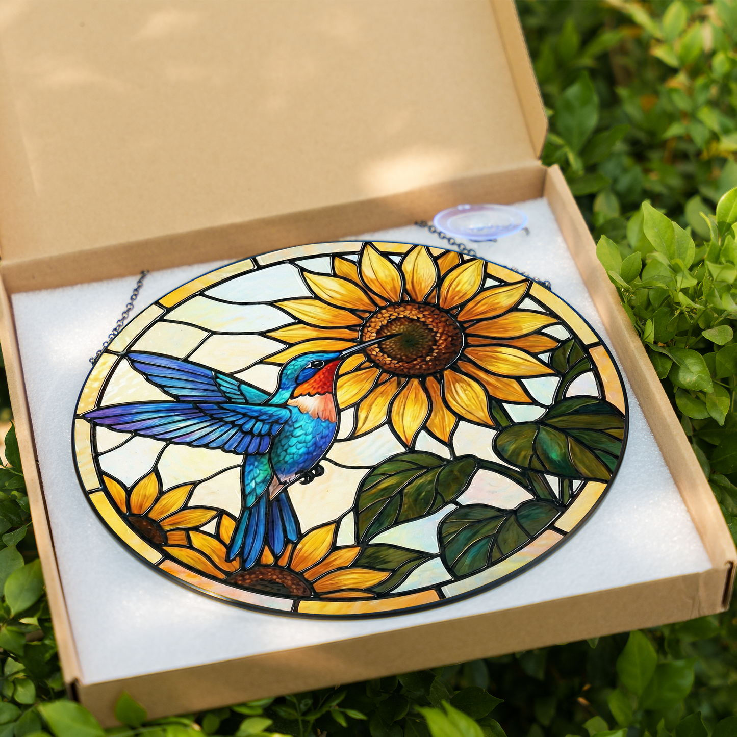 Sunflower & Hummingbird Vibrant Stained Glass Window Hanging