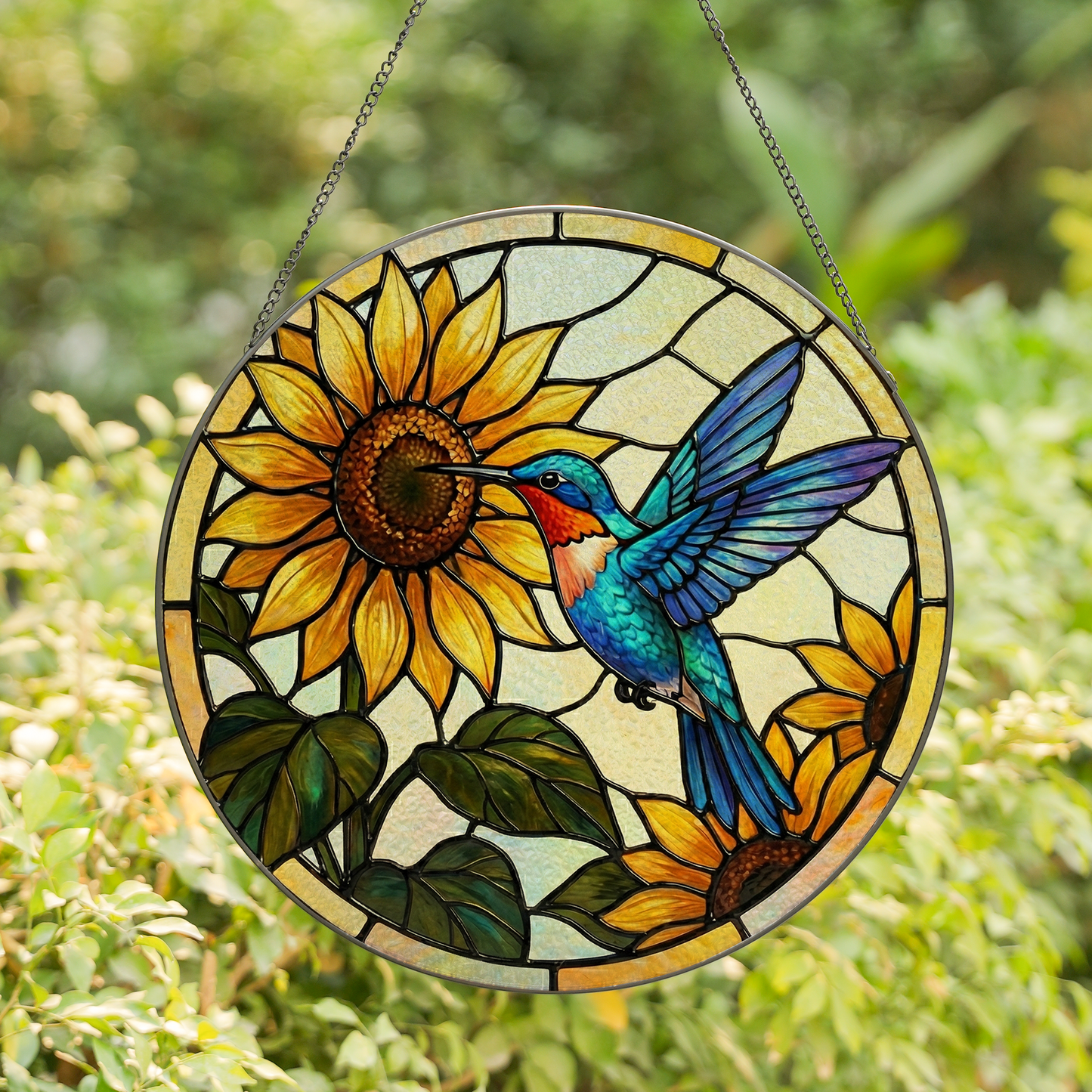 Sunflower & Hummingbird Vibrant Stained Glass Window Hanging