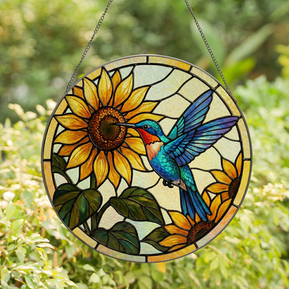 Sunflower & Hummingbird Vibrant Stained Glass Window Hanging