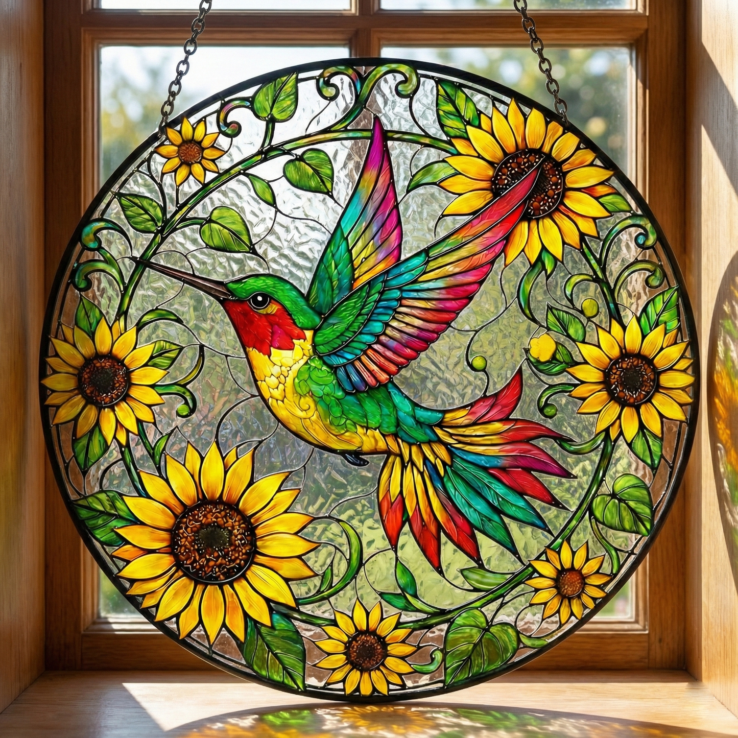Sunflower & Hummingbird Stained Glass Window Hanging