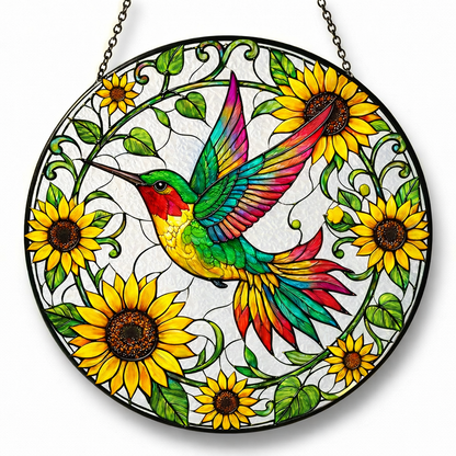 Sunflower & Hummingbird Stained Glass Window Hanging