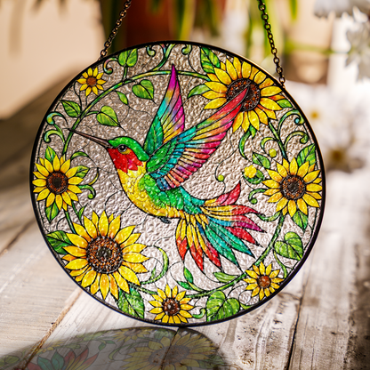 Sunflower & Hummingbird Stained Glass Window Hanging