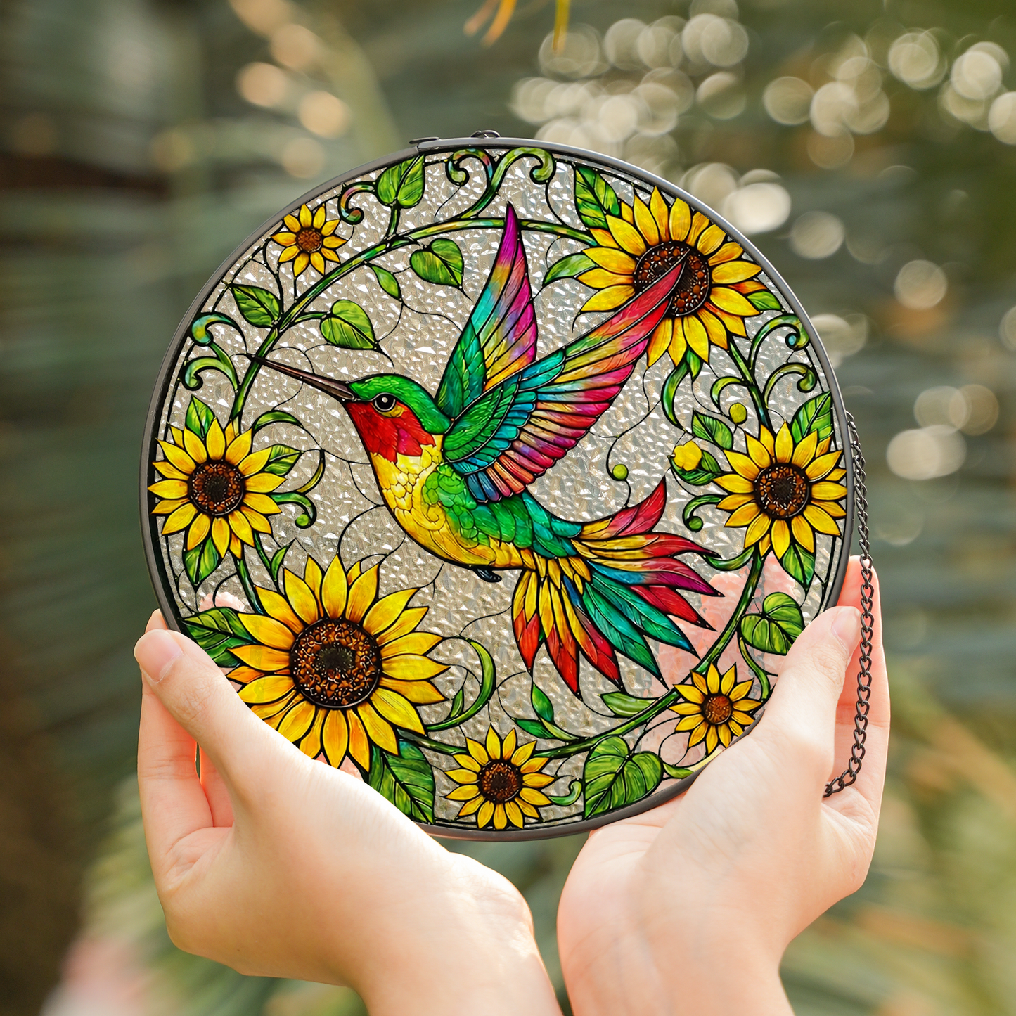 Sunflower & Hummingbird Stained Glass Window Hanging