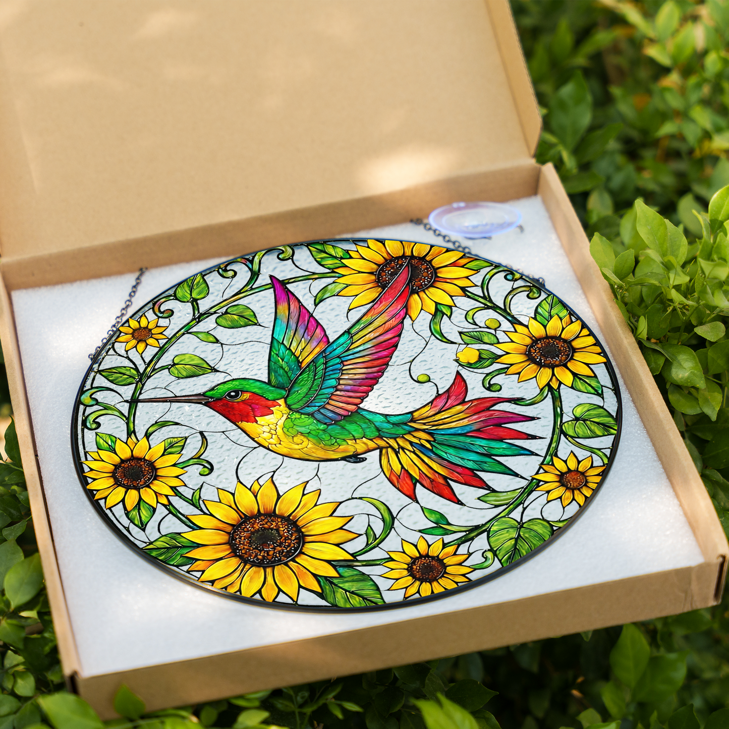 Sunflower & Hummingbird Stained Glass Window Hanging