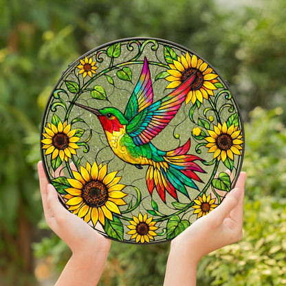 Sunflower & Hummingbird Stained Glass Window Hanging
