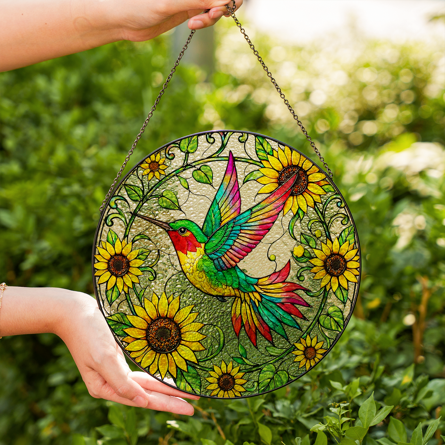 Sunflower & Hummingbird Stained Glass Window Hanging