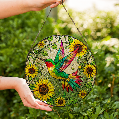 Sunflower & Hummingbird Stained Glass Window Hanging