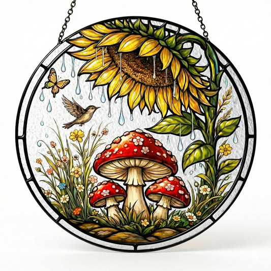 Sunflower & Mushroom Stained Glass Window Hanging